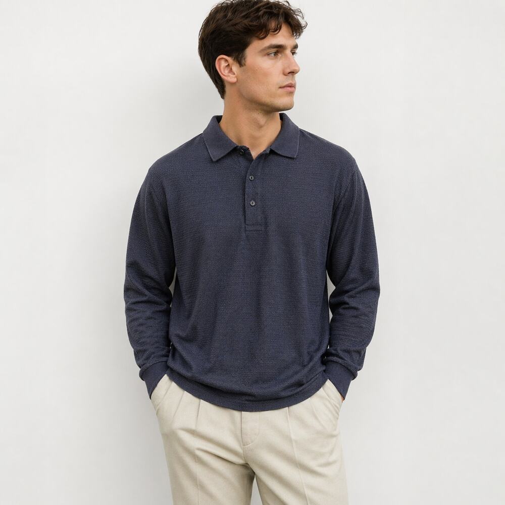 Burberry’s Blue Textured Polo - Size S - Long Sleeve Classic Luxury Style - Picture 2 of 8